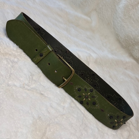 Linea Pelle Genuine Leather Green Vtg Bohemian Western Belt, Solid Brass Buckle - Picture 15 of 15